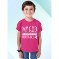 thumbnail image 2 of Breast Cancer Support Christian My God is Stronger Youth T-shirt, XL, Cyber Pink, 2 of 5