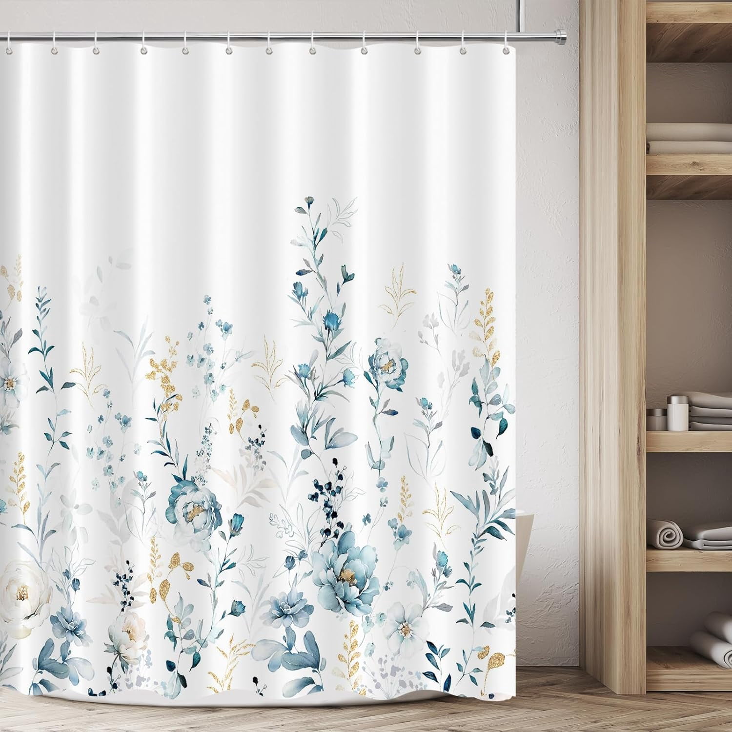 Aesthetic Blue Floral Shower Curtain, Watercolor Gold Leaves Plant Bathroom Decoration Shower Curtain Sets 71x71 Inch with Hooks