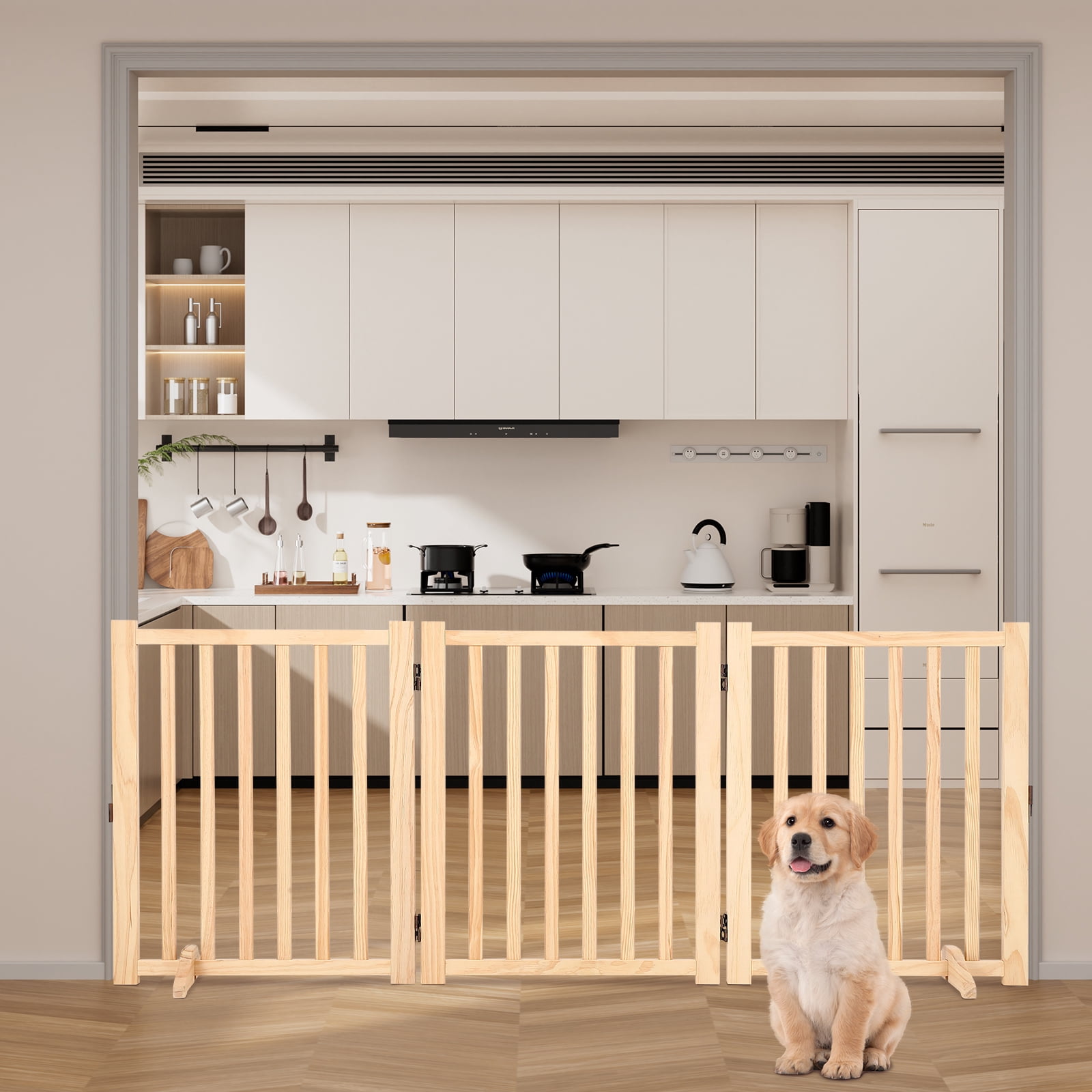 Extra Tall Freestanding Pet Gate Folding Wooden Dog Fence with 2 Support Feet  for Indoor, Stairs, Doorways, Kitchen