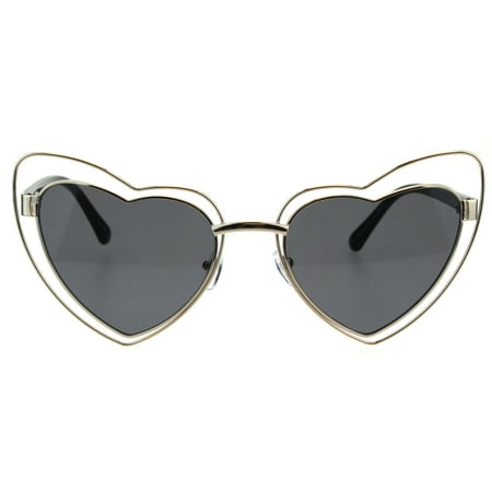 Double Metal Rim Cat Eye Designer Gothic Heart Shape Sunglasses Gold Black