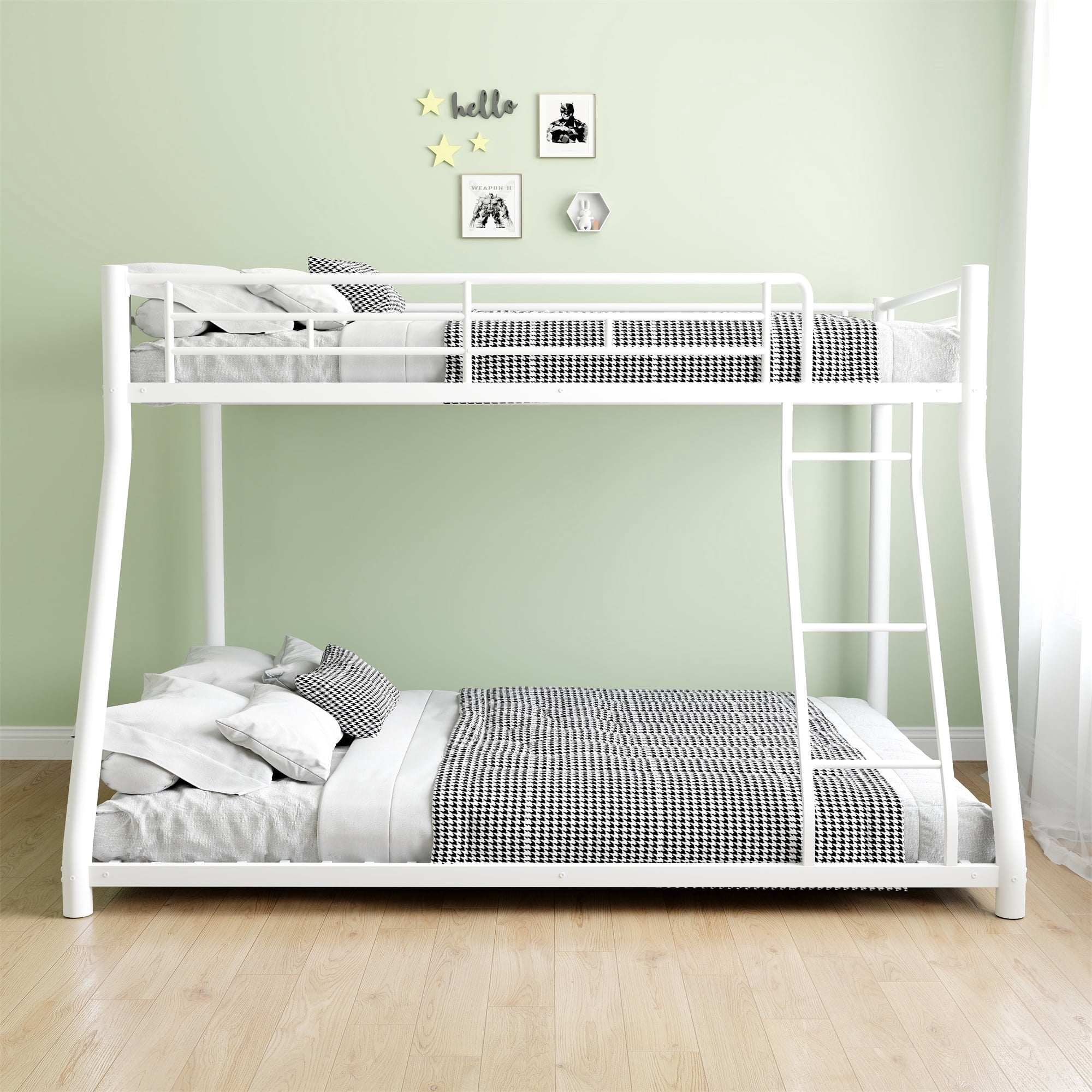 Alvantor Twin over Full Size Metal Bunk Bed for Kids Teens, Heavy Duty Ded Frame with Guardrail and Ladder White