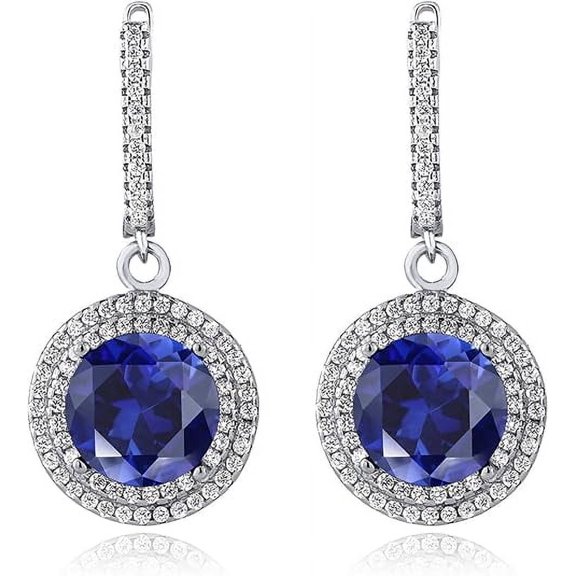 Divine Creation 925 Sterling Silver 2.20 Ct Round Cut Blue Sapphire & white Diamond Lever Back Drop Earring's 14K White Gold Plated For Women's