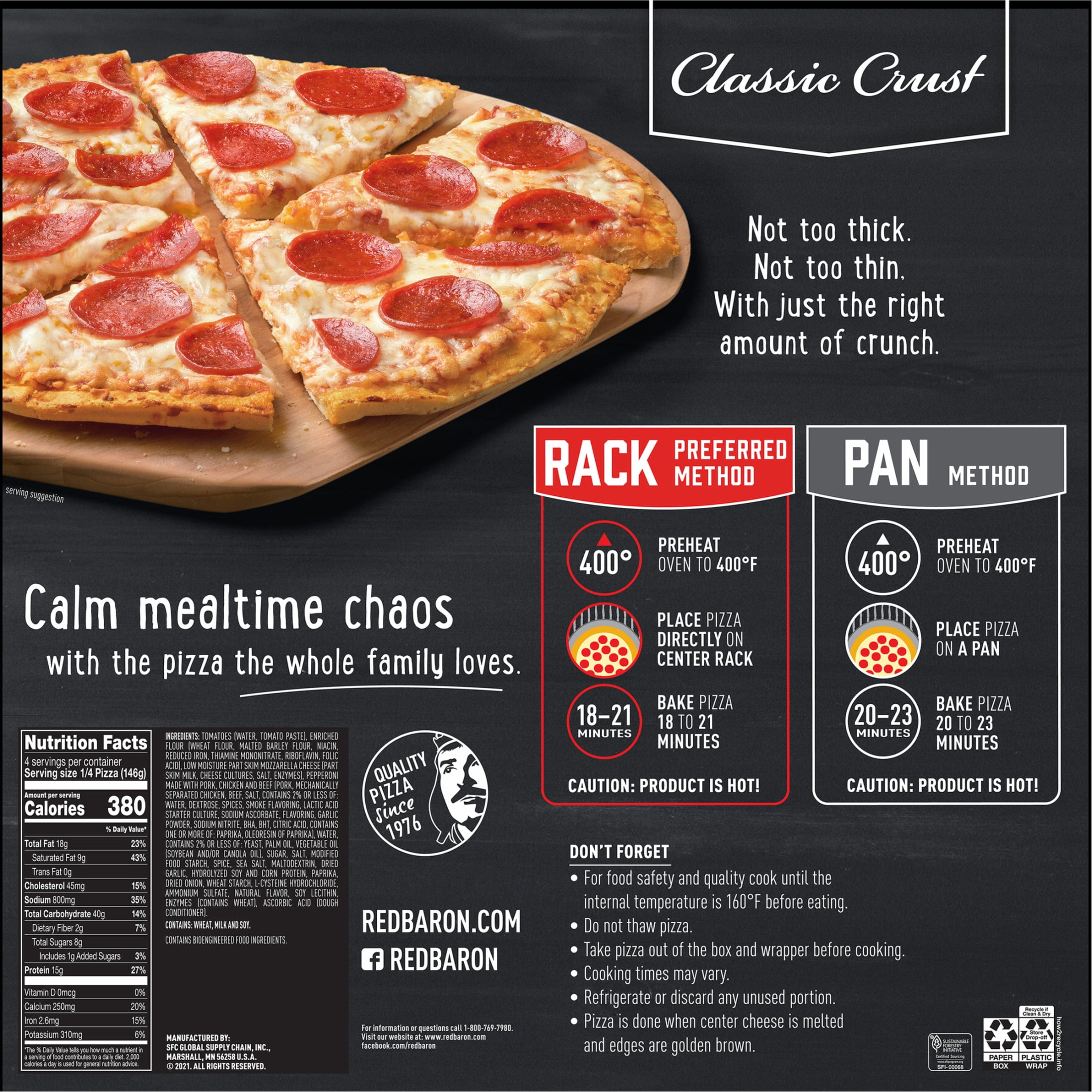 Red Baron Pepperoni Classic Crust Frozen Pizza, 20.61 oz, Mozzarella Cheese Pizza, Contains Milk, Wheat & Soy