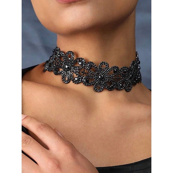 Black-2 Floral Filigree Crystal Rhinestone Choker Necklace For Women