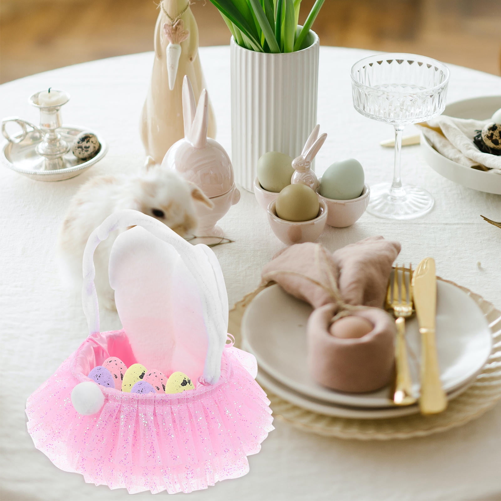 YOSADIER Plush Easter Bunny Toy Set with Flower Basket and Carton, Perfect Kids Holiday Decor and Spring Celebration