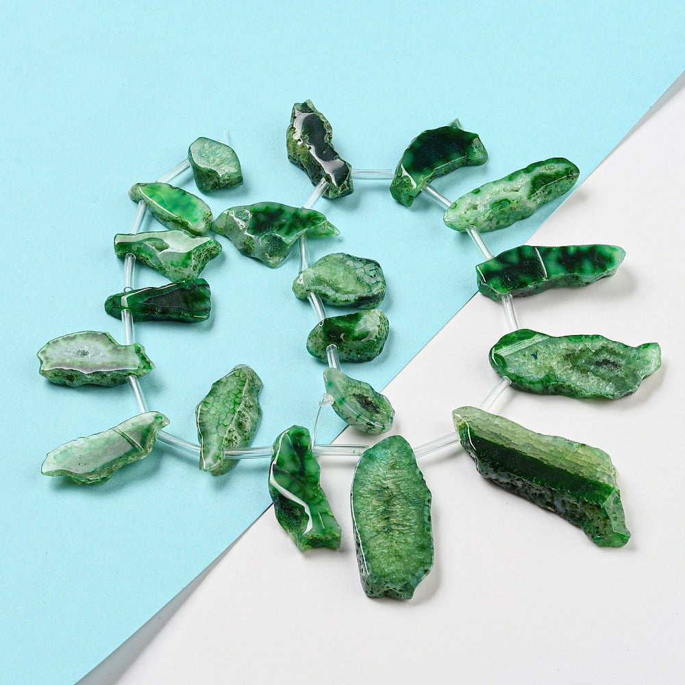 Dyed Natural Agate Nuggets Beads Strands Green 19~30x30~56x5~9mm Hole: 2mm about 13~15pcs/strand 15.3 inch