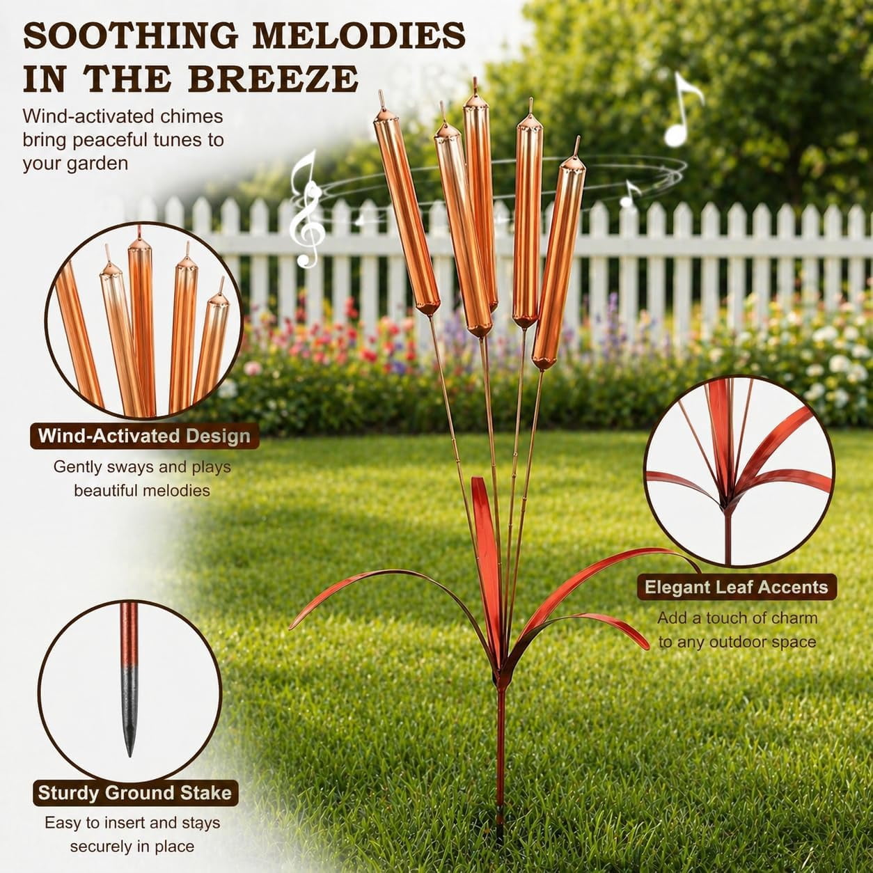 Cattail Wind Chimes Copper Stake, Metal Garden Yard Art Decor