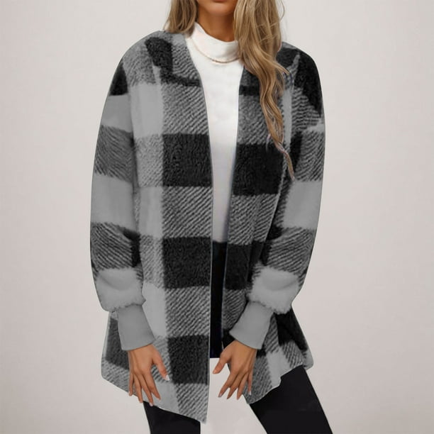 Chaqueta y abrigo informal de manga larga sin capucha para mujer, de invierno, de polar de doble cara, a cuadros, de manga larga, tipo cárdigan, abrigo, blusa de poliéster