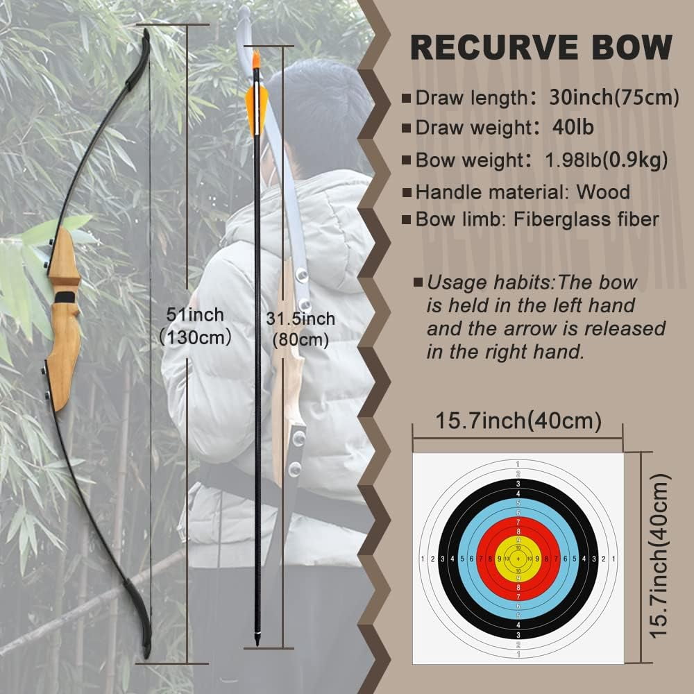Outdoor Recurve Bow and Arrow Set 40 Pounds Adult Professional Hunting Bow and Arrow Shooting Practice Arrow Set Accessories