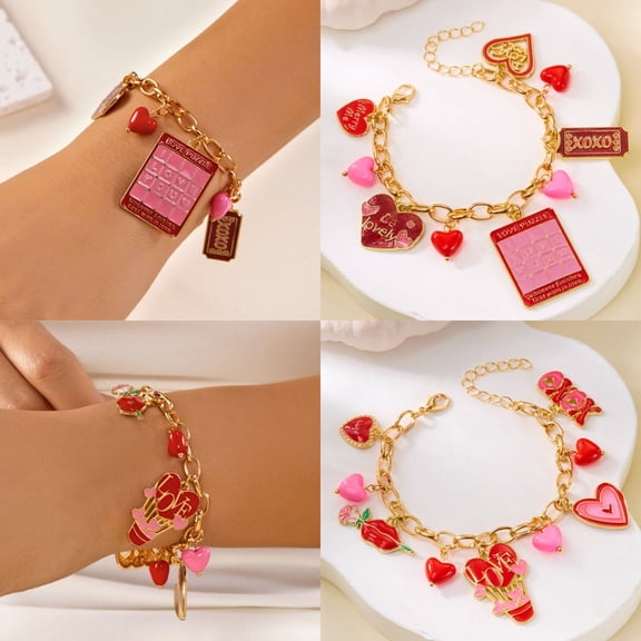 SmartBy Valentine Day Bracelet Rose Flower Heart Letter Charm Adjustable Length Bracelet Girlfriend Birthday Present
