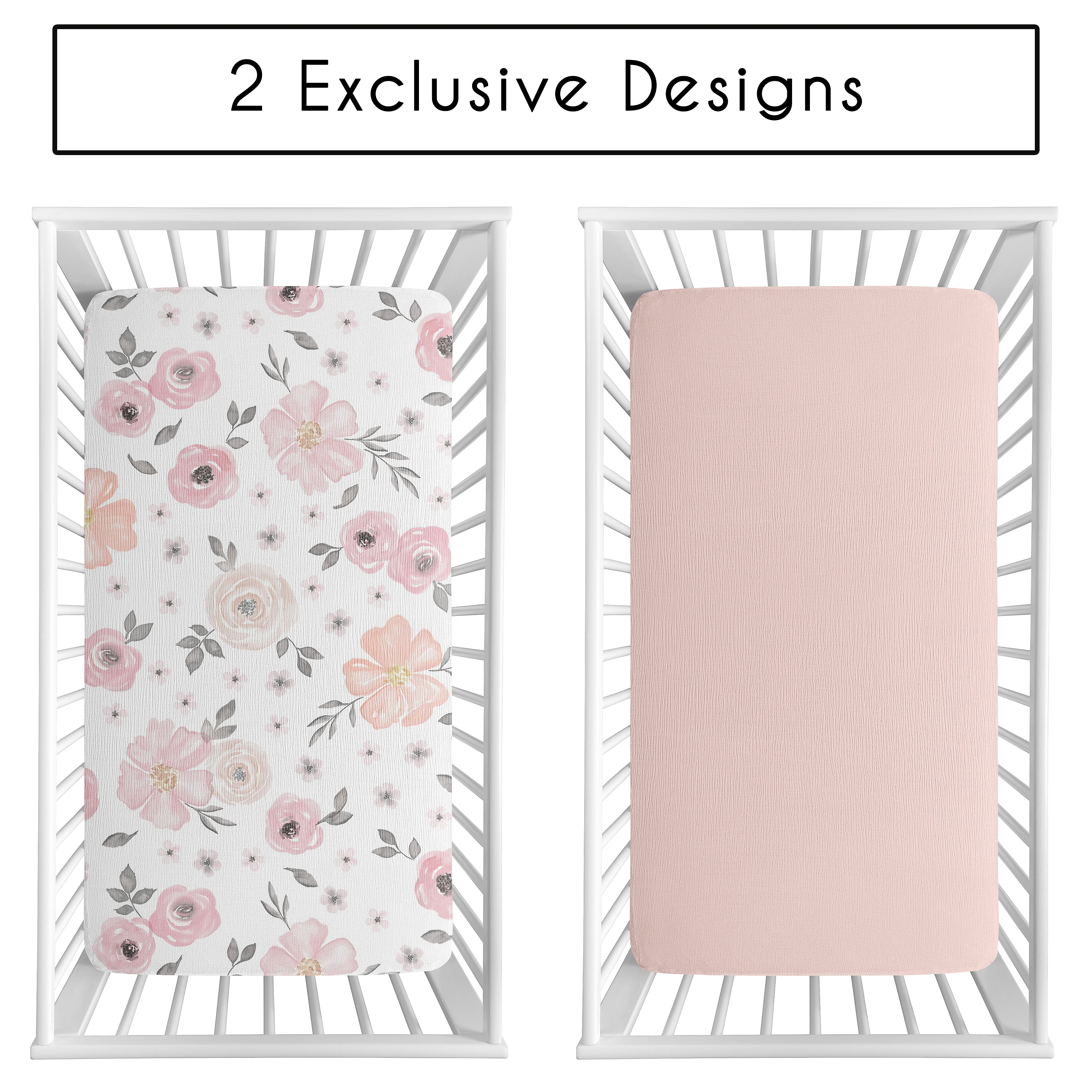 Sweet Jojo Designs Watercolor Floral Pink and Grey Girl 100% Cotton Muslin Fitted Crib Sheets Set 2 Piece