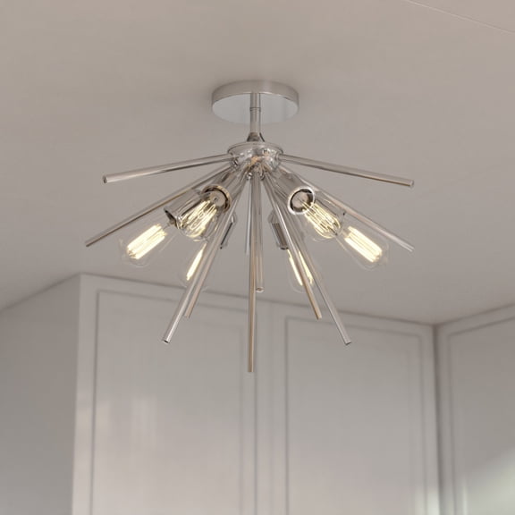 Estelle 6-Light 24 in. Wide Polished Nickel Mid-Century Modern Sputnik Semi Flush Mount Lighting Fixture, Low Ceilings