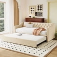thumbnail image 3 of Twin Upholstered Daybed with Pop-Up Trundle, Convertible Twin to King Guest Bed, Velvet Day Bed Frame with Tufted Backrest and Armrests, No Box Spring Required, Beige, 3 of 13