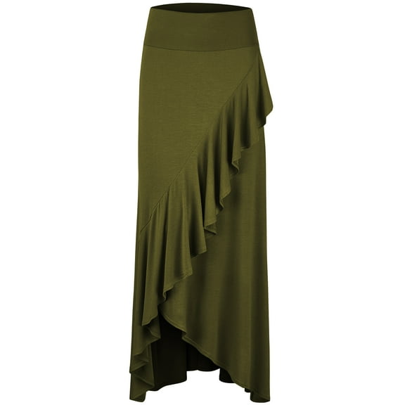 Made by Johnny Women's Wrapped High Low Ruffle Maxi Skirt S OLIVE