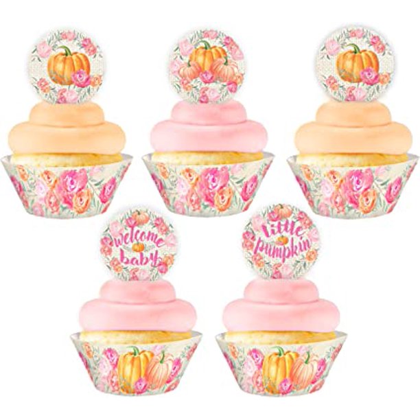 Little Pumpkin Cupcake Toppers – Set Of 24, Pink, Fall Theme, Thanksgiving, Baby Shower, Gender Reveal Decor