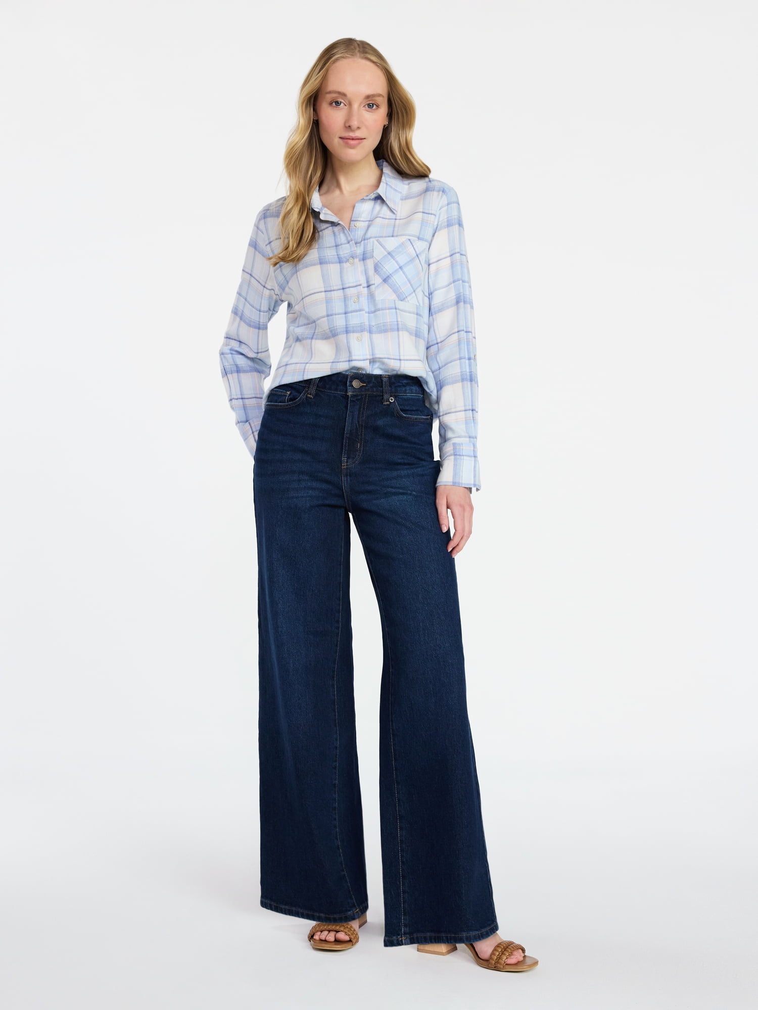 Time and Tru Women's Cropped Flannel Shirt, Sizes XS-XXXL