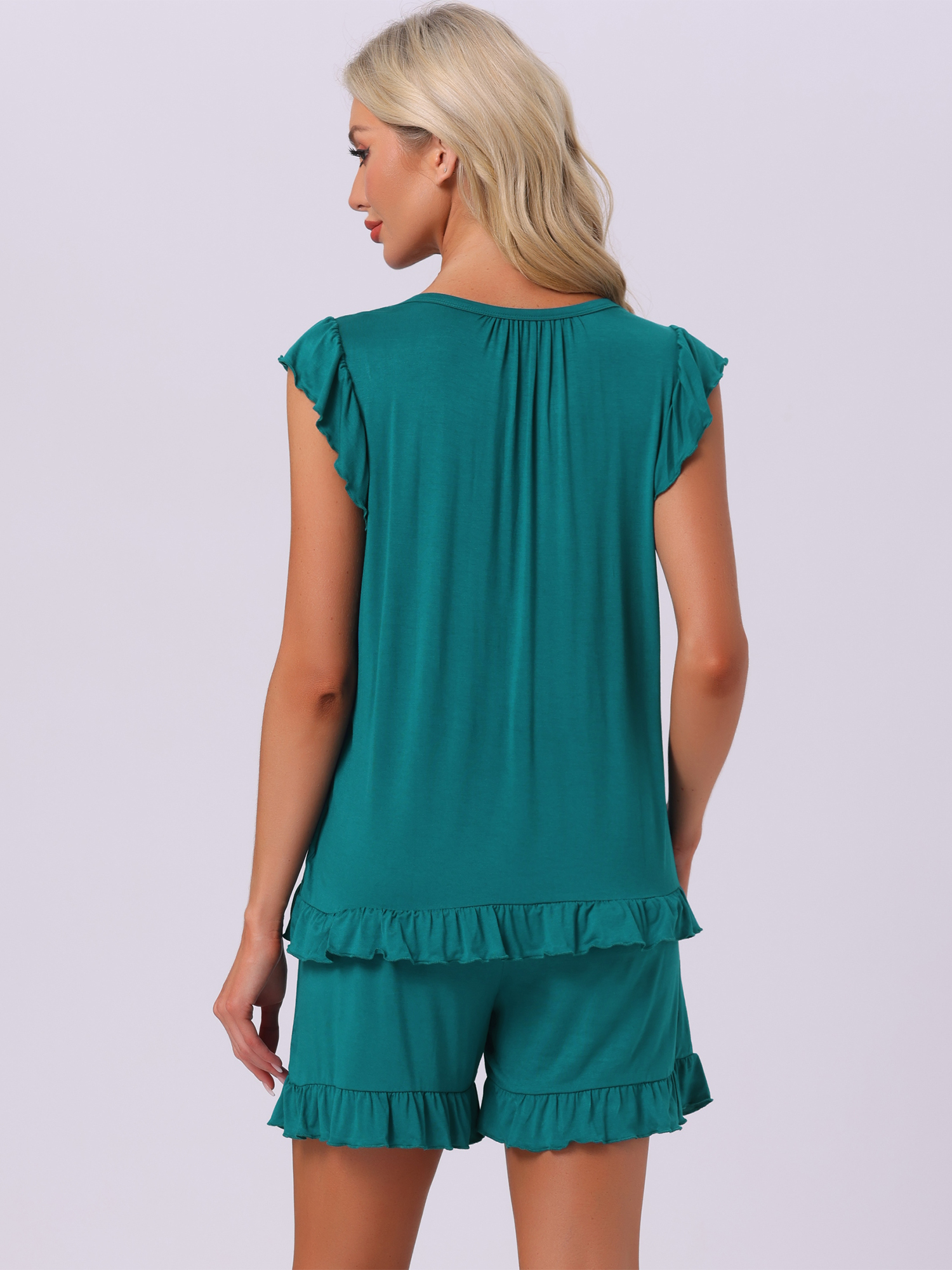 DARING DIVA Ruffle Trim Cap Sleeve Lounge Tops Shorts Pajama Sets 2XL Dark Green