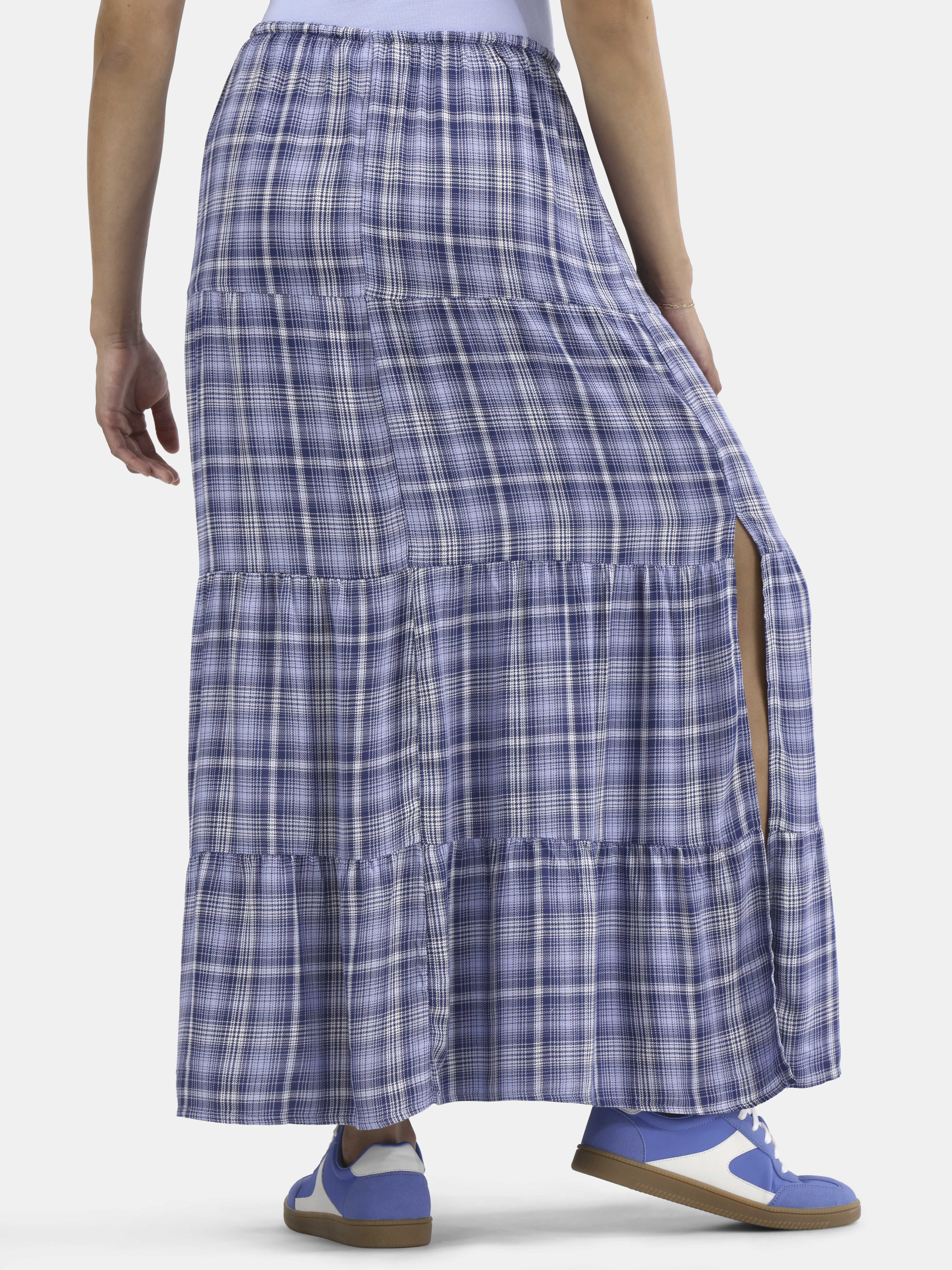 No Boundaries Woven Plaid Tiered Maxi Skirt, Women's