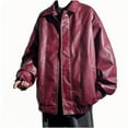 thumbnail image 3 of YYDGH Men's Faux Leather Jacket Motorcycle Bomber Jackets Oversized Moto Jacket Loose Fit Solid Color Streetwear Wine Red L, 3 of 4