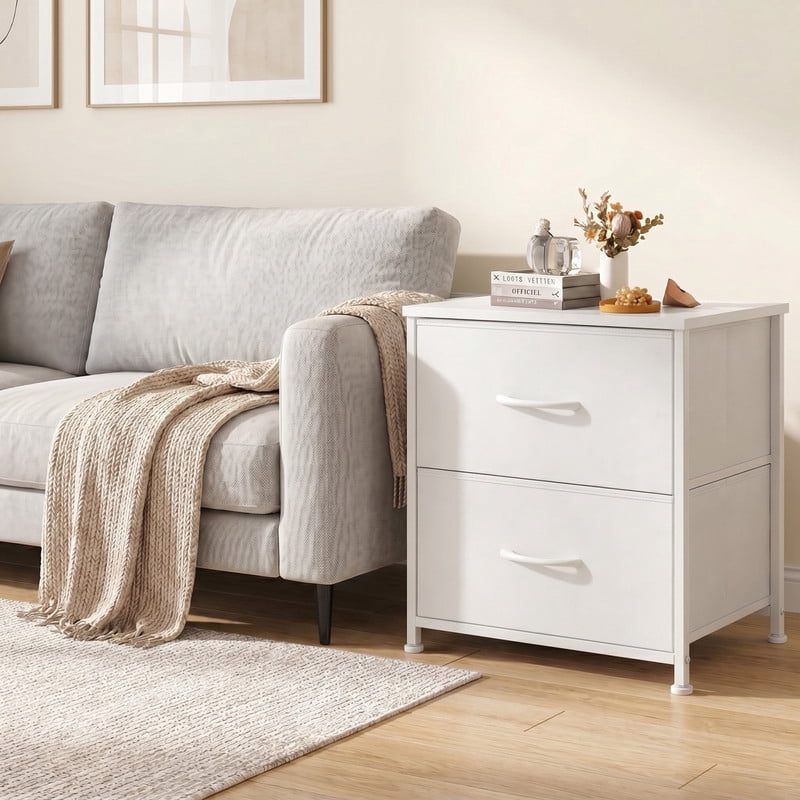 Kelno Nightstand 2 Drawers Fabric Storage Dresser Small Bedside Table Wood Top, White