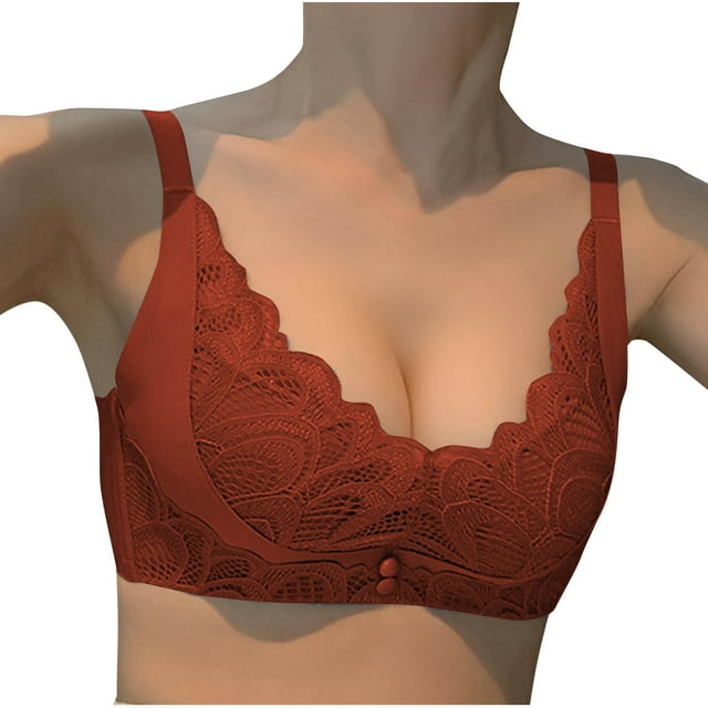 HVOBTTY Women's Push Up Wireless Bra, Fashion Women Solid Color Perspective Lace No Rims Fixed Cup Gathering Daily Bra Red, 32