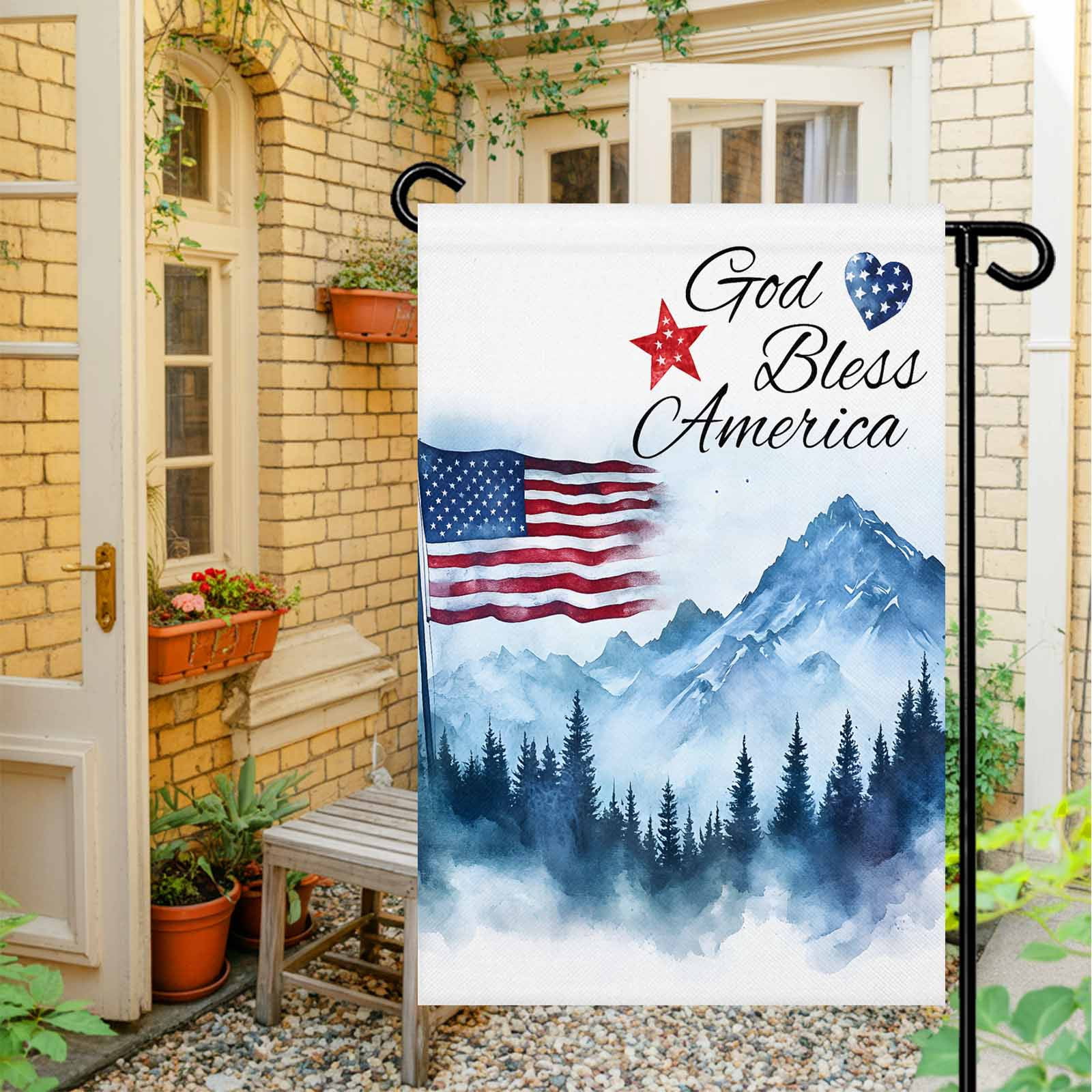 Independence Day Garden Flag 28x40 Inch God Bless American Mountains Double Sided Small Decorative Garden Flags for Outside, Outdoor Yard Porch Lawn Decoration