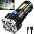thumbnail image 1 of Linterna de cuatro núcleos Txmfgh: carga USB, luz lateral COB, uso exterior portátil de largo alcance, impermeable y multifuncional con pantalla de nivel de batería., 1 of 8