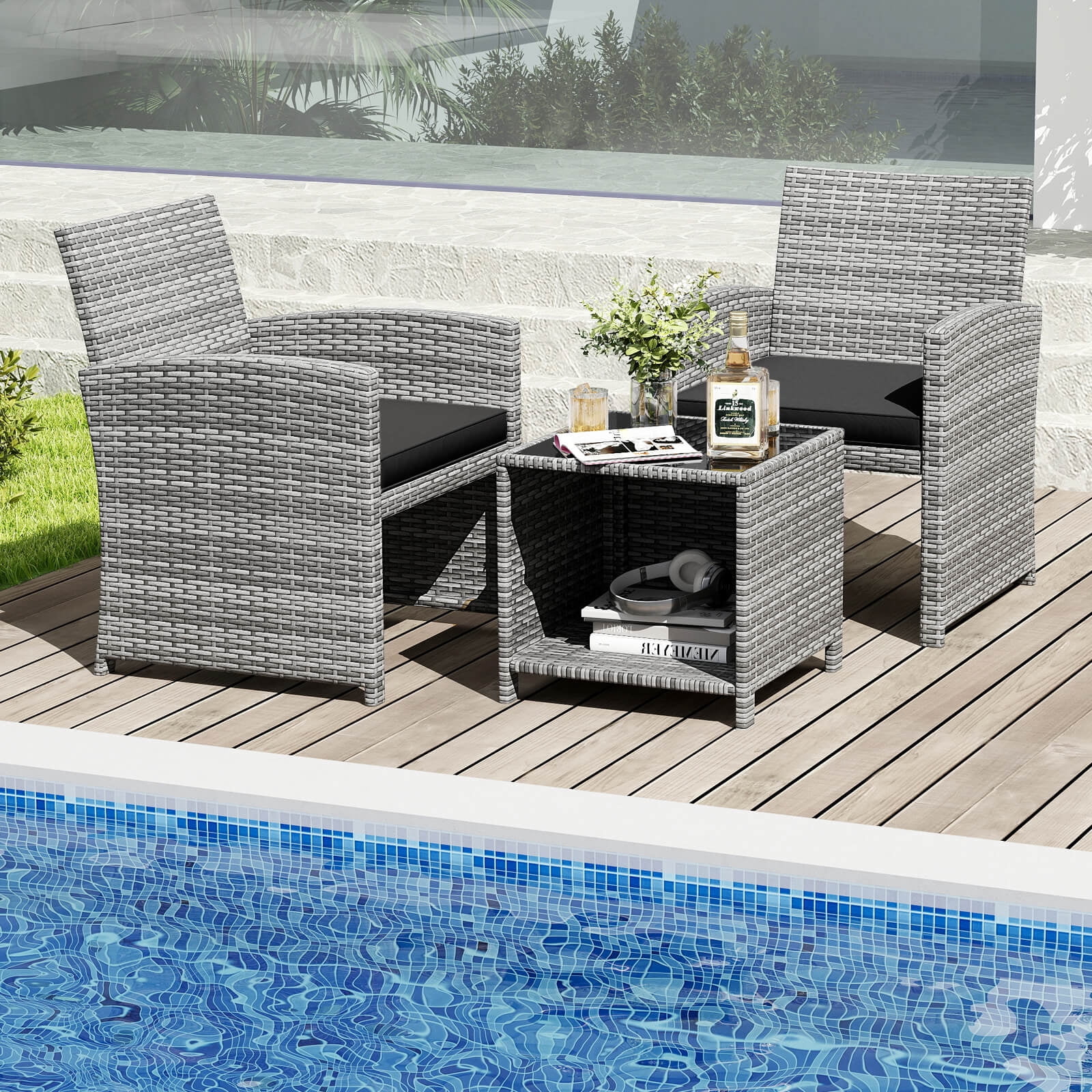 Costway 3 PCS Patio Furniture Set with Tempered Glass Coffee Table & Soft Seat Cushions Black