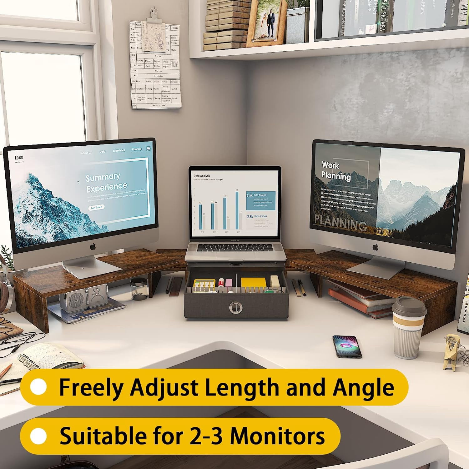 Triple Dual Monitor Stand Riser with Drawer  Large Adjustable for 2~3 Monitors Solt for Phone Tablet Desktop Organizer