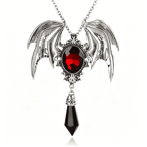 DESIGNICE Gothic Large Bat Pendant Necklace Red Black Vintage Crystal Bat Pendant Punk Witch Vampire Role Playing Character Halloween Jewelry Gift – Red Necklace