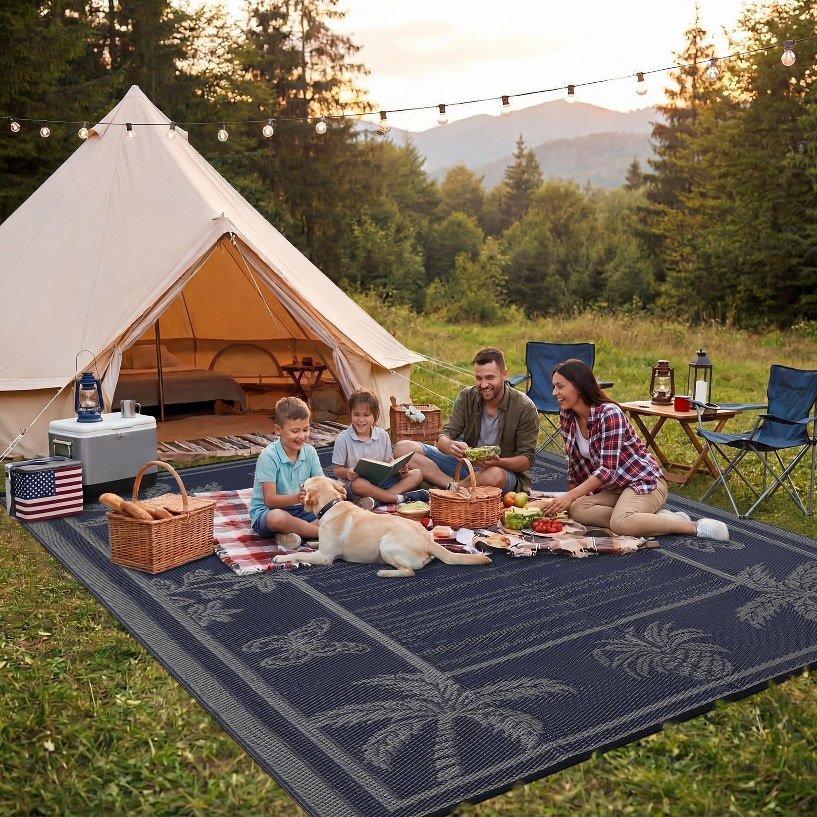Garvee Outdoor Rug 8x10ft Waterproof Reversible Foldable Plastic Straw Rug, Tropical Leaf Border Outdoor Mat for Patio, Camping, RV, Deck, Porch, Balcony, Black Blue