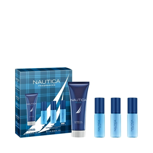 Nautica Blue, Voyage y Pure Blue Set de regalo de 4 piezas, notas de albahaca, jazmín y madera de cedro, fragancia masculina, de larga duración, fragancia diaria