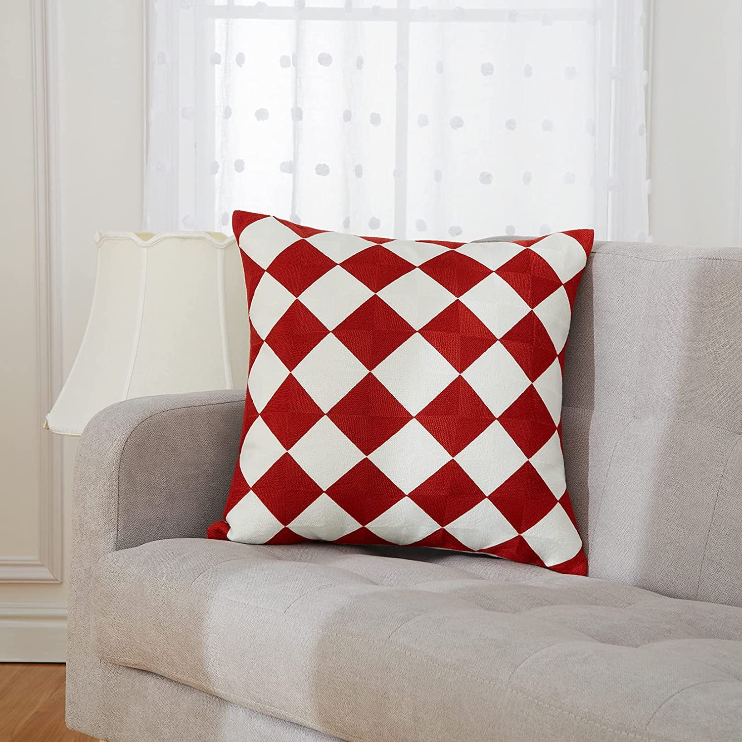 Red Throw Pillow Covers 20 x 20 Checkered Embroidered Couch Pillow for