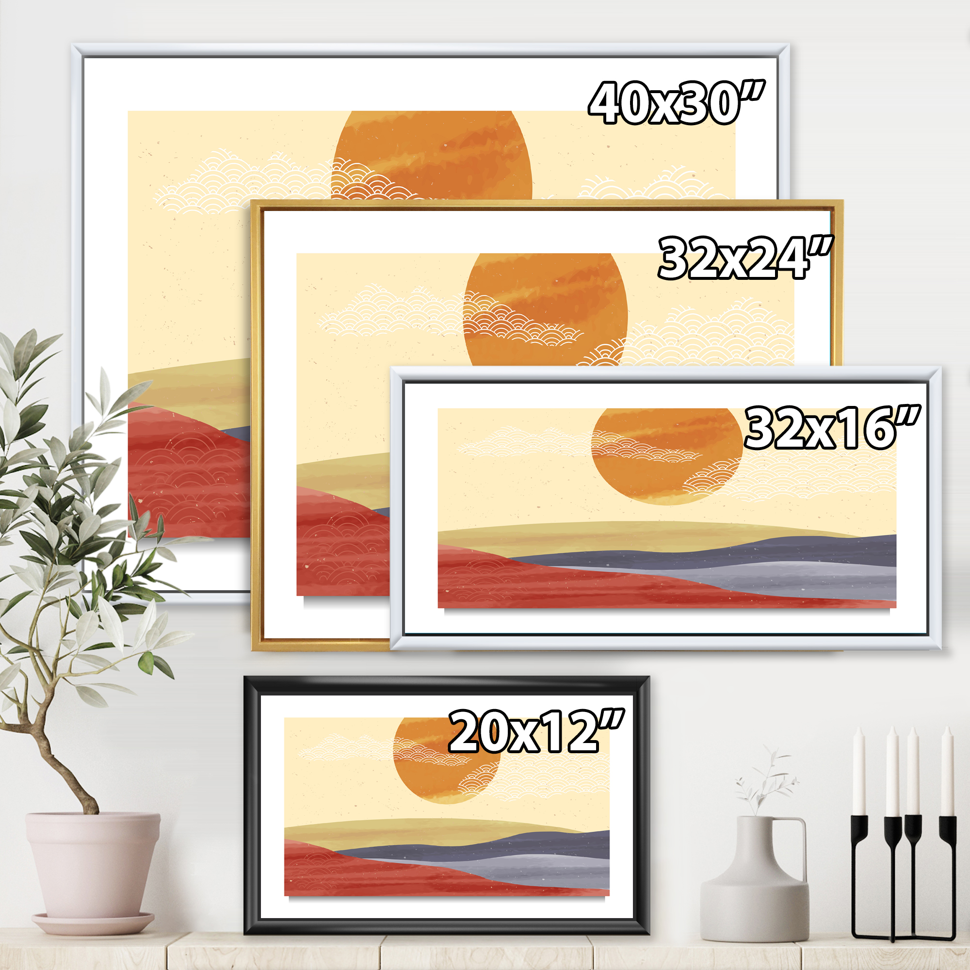 Designart 'Abstract Minimalistis Landscape Mountain & Moon' Modern Framed Canvas Wall Art Print