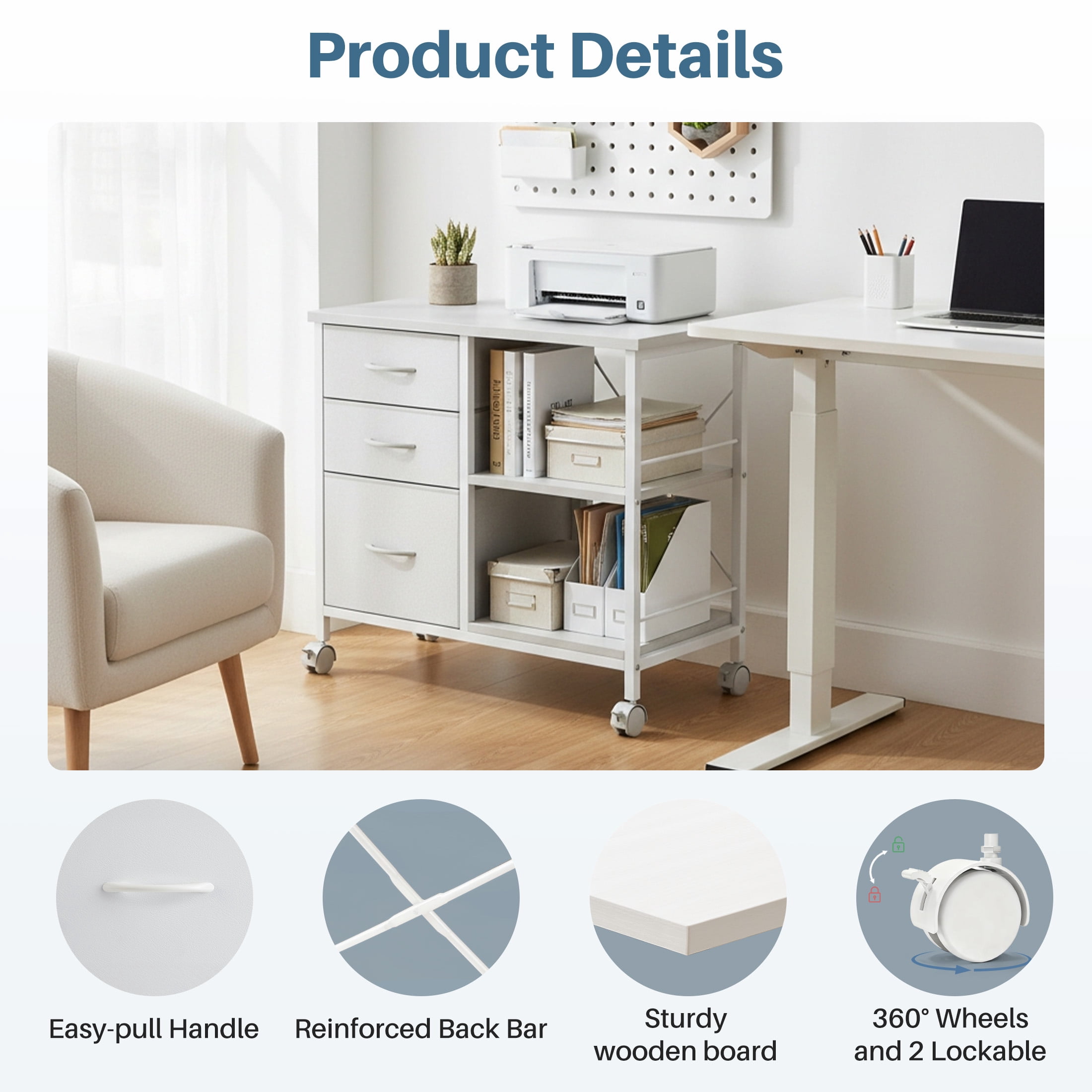 EDX 3 Drawer Mobile File Cabinet, Rolling Storage Cabinet with Open Storage Shelf, Fabric Lateral Filing Cabinet for Home Office, White