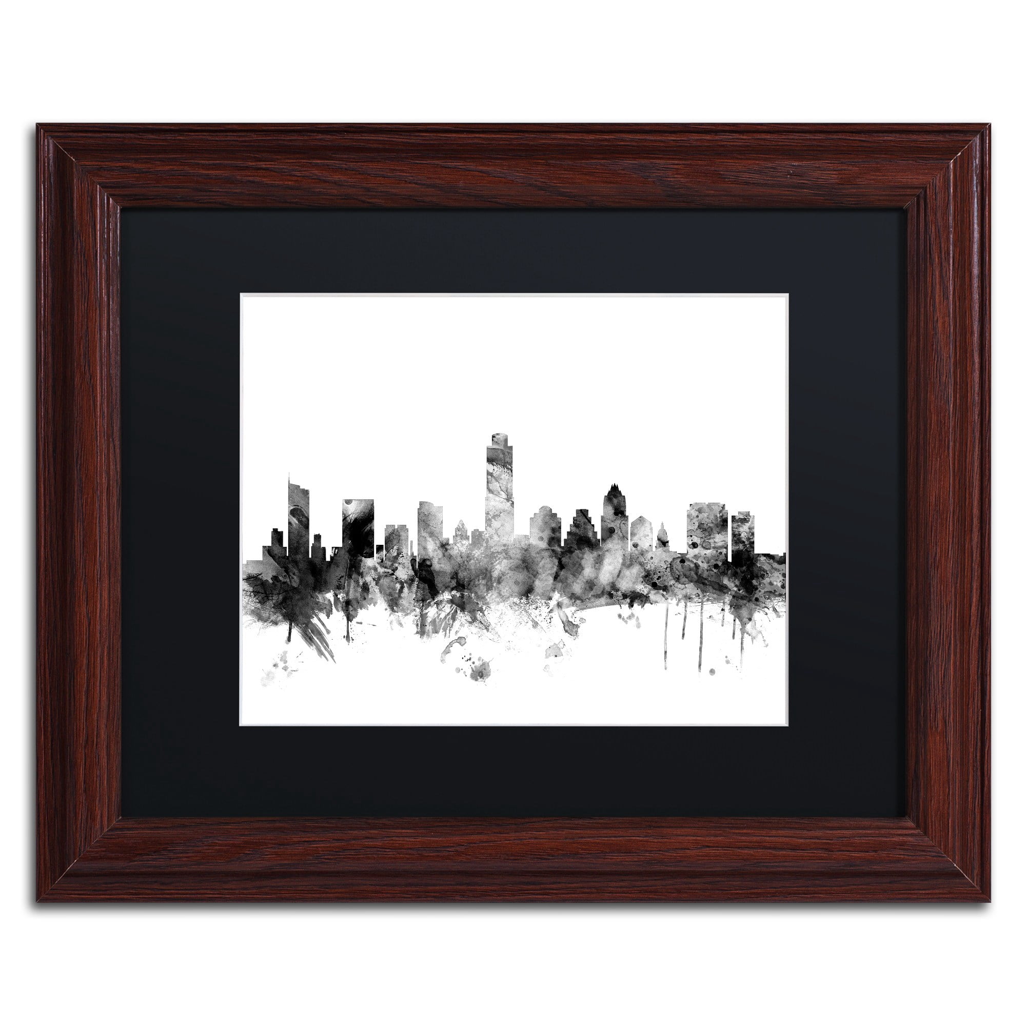 Trademark Fine Art "Austin Texas Skyline B&W" Canvas Art by Michael Tompsett, Black Matte, Wood Frame