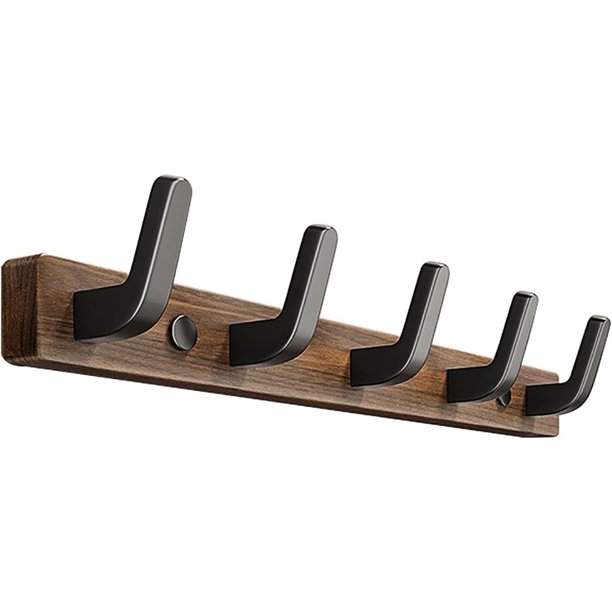 Perchero de pared de nogal con cinco ganchos negros, que incluye un gancho adhesivo para la puerta. Ganchos de madera para colgar abrigos, sombreros, bolsos, llaves y toallas.