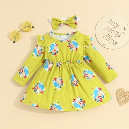 

NIUREDLTD Baby Girls Cotton Autumn Cartoon Print Floral Long Sleeve Princess Dress Headbands Clothes