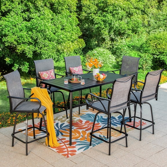 SUMMIT LIVING Outdoor Swivel Bar Stool Dining Set of 7, 6 Metal Patio Counter Height Chairs and 1 Metal Bar Table, Black&Grey