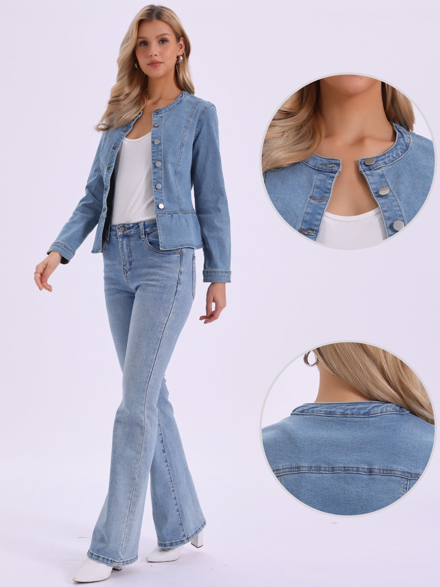 DARING DIVA Women's Peplum Hem Button Down Collarless Jean Jacket M Light Blue