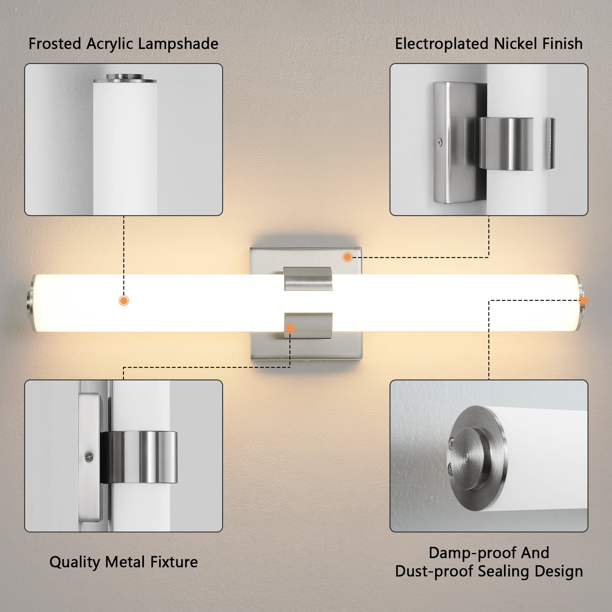 KAISITE Modern 1-Light Dimmable LED Bathroom Vanity Light, Waterproof Lamps for Bathroom, Acrylic Lampshade