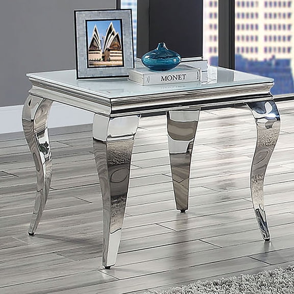 Miekor Furniture Glam Contemporary 1Pc End Table White Glass Top Silver Color Table Living Room Stainless Steel Cabriole-Style Legs 01177