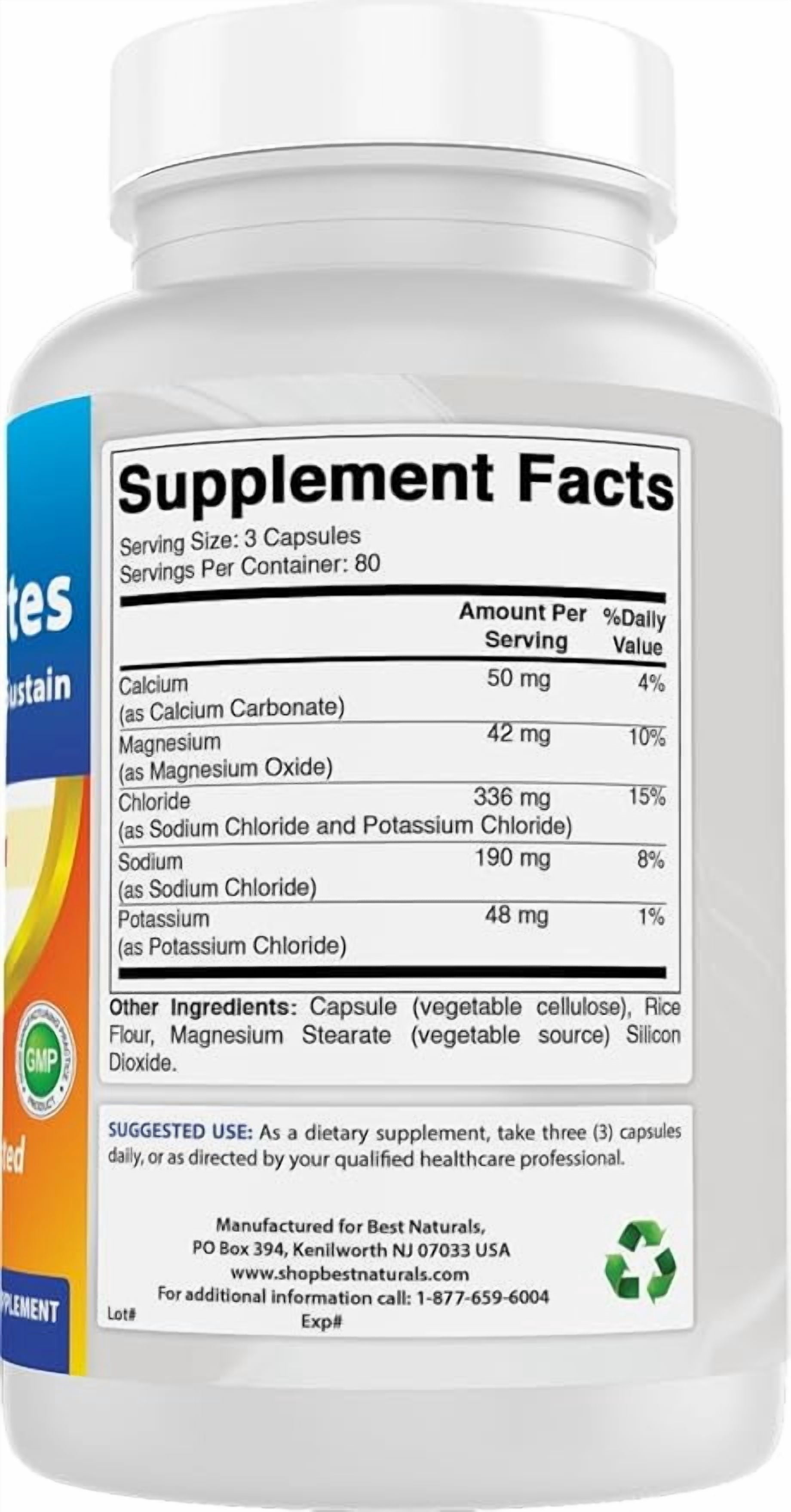 (3 pack) Best Naturals Electrolytes Hydrate-Balance- Sustain Premium Formula 240 Capsules. Gluten Free and Non-GMO.
