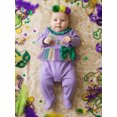thumbnail image 5 of BemeyourBBs Newborn Baby Girl Mardi Gras Outfit Footed Romper Spring Fall Winter Carnival Clothes They Found Me In A King Cake Long Sleeve Ruffle Collar Letter Footied Embroidery Jumpsuit Headband, 5 of 9
