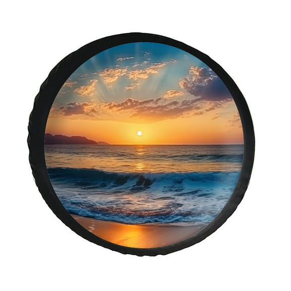 KAKALAD Ocean Waves Beach Sand Seaside Sunrise 03 Spare Tire Cover PVC Leather Universal Vehicle Accessories Buckle Car Tools 14”in