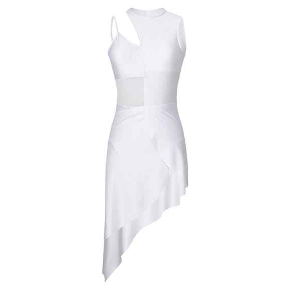 YONGHS Women's Jazz Latin Dance Dress Sleeveless Asymmetrical Skirted Samba Cha-cha Dancewear White XL