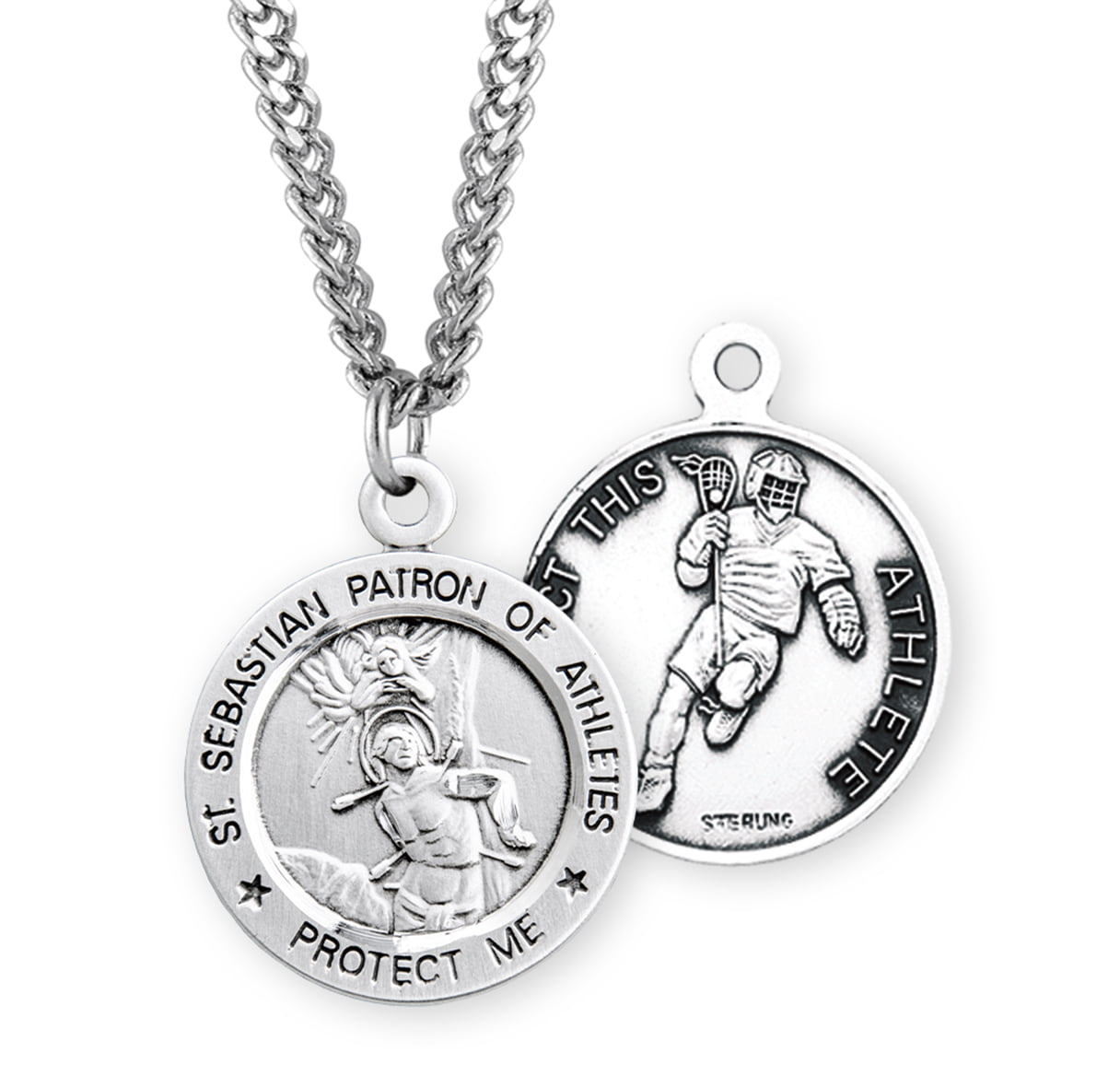 18-Inch Rhodium Plated Necklace with 6mm Sapphire Birthstone Beads and Sterling Silver Saint Sebastian/Lacrosse Charm. 