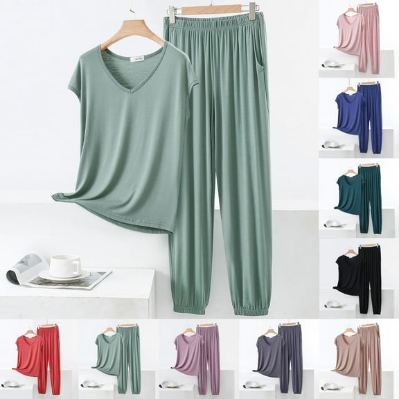 YHAJDS Winter Casual Pajama Suits For Women,Sleepwear Sets For Women Women's Pajama Sets Solid Color V Neck Sleeveless Top With Cuffed Pants Loungewear Set
