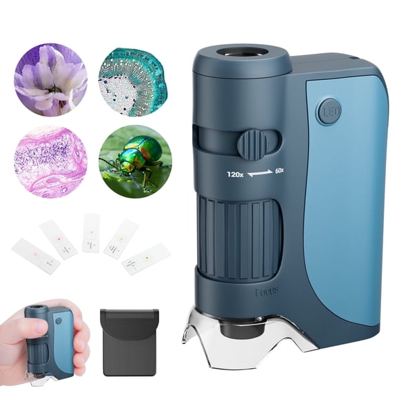 QUNSE Pocket Microscope with Achromatic Lens, LED and UV Light, Portable Handheld Kids Microscope for Students with 5 Prepared Slides, Phone Adapter, Carrying Bag (Blue)
