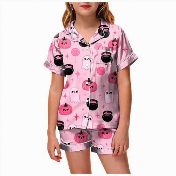 felwors Girls Halloween Pajama Set Short Sleeve Button Down Silky Satin Girls PJS Kids Sleepwear Summer Nightwear Loungewear Set (Pink,10-11 Years)